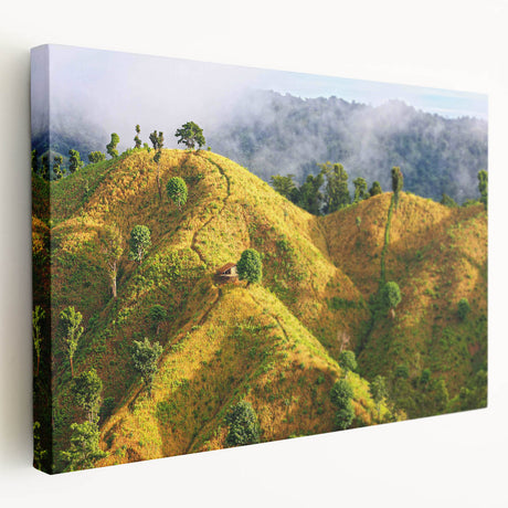 Large canvas print depicting a serene Bangladesh landscape in muted green and blue tones, suitable for kitchen wall art.