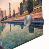 Large abstract wall art of a mid-century modernist Indian scenery in vibrant colors, printed on acrylic glass.