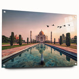 Large abstract wall art depicting an Asian scenery in muted earth tones on acrylic glass, ideal for dining room decor.