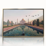 Large acrylic print of a mid-century modernist Indian scenery in gold tones, ideal for modern art wall decor.