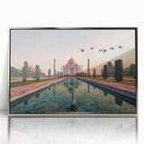 Mid-century modernist art depicting an abstract Indian landscape in silver and blue tones on a framed acrylic print.