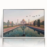 Framed acrylic print of a stylized Indian landscape in art deco style, using pastel colors.