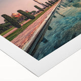 Art deco poster of an Indian landscape in muted earth tones on rolled canvas, suitable for dining room decor.