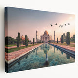 Large art depicting an Indian landscape in vibrant green and blue hues on stretched canvas, ideal for kitchen wall art.