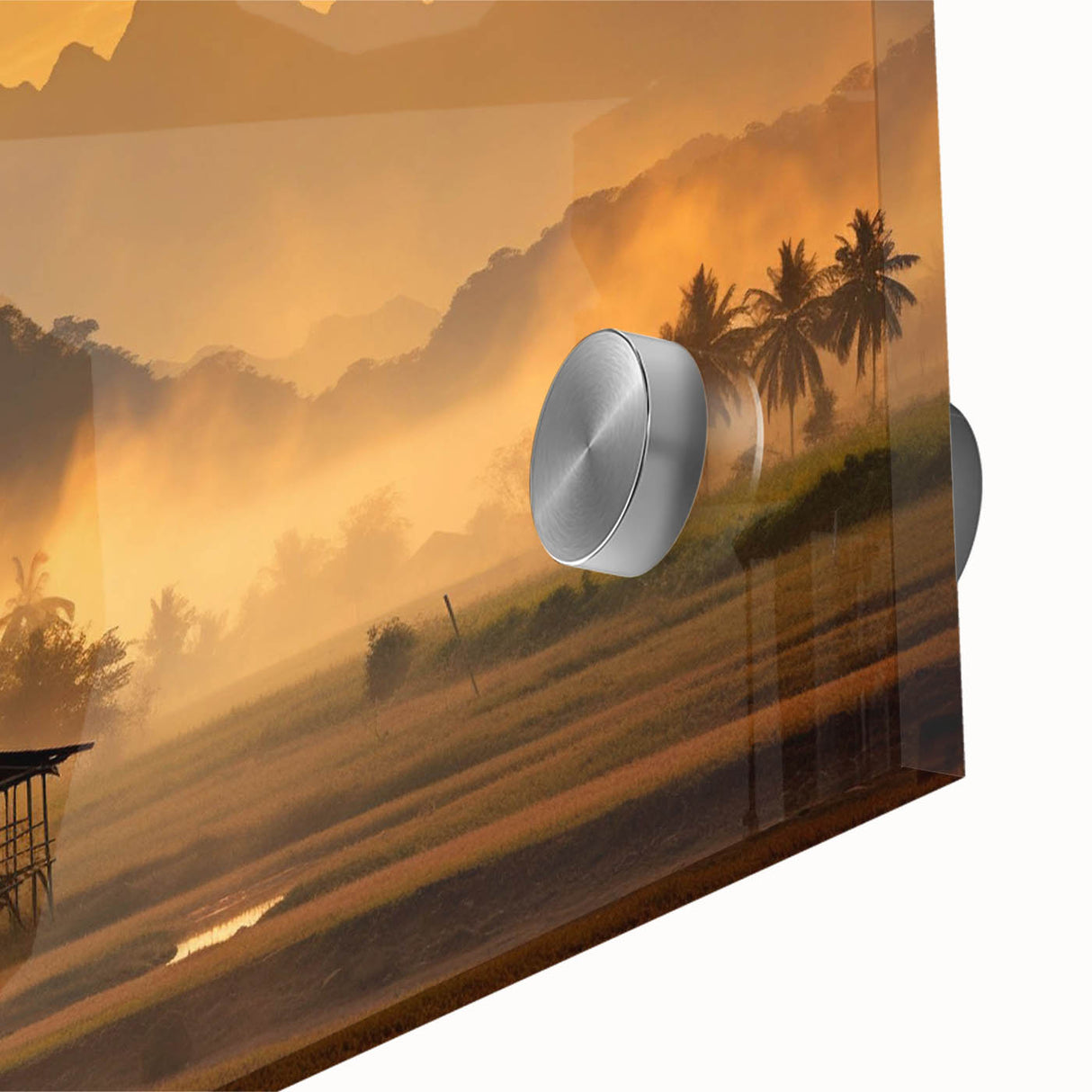 Large abstract wall art depicting a Laos scenery in muted earth tones on acrylic glass, suitable for dining room ambiance.