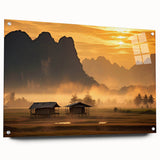 Large abstract wall art depicting a serene Laos landscape in muted earth tones on acrylic glass.