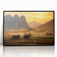 Large abstract wall art depicting a serene Laos landscape in muted earth tones, framed in black acrylic.