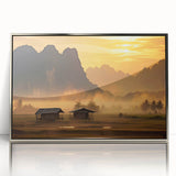 Mid-century modernist art depicting a serene Laos landscape in muted earth tones on a framed acrylic print.