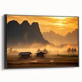 Black and white framed canvas featuring a vintage-style landscape painting of Laos, ideal for bedroom decor.