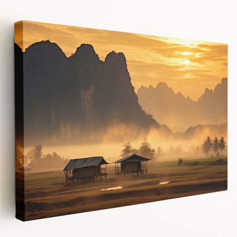 Large art depicting a scenic view of Laos on a stretched canvas, in muted earth tones, suitable for kitchen wall art.