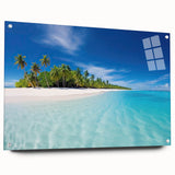 Large abstract wall art of Maldives scenery on acrylic glass, featuring ocean blues and island greens.