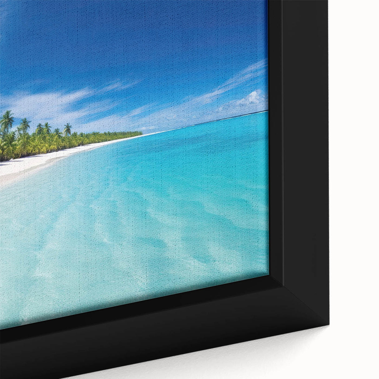 Extra large framed canvas featuring a textured, colorful Maldivian seascape, ideal for living room decor.