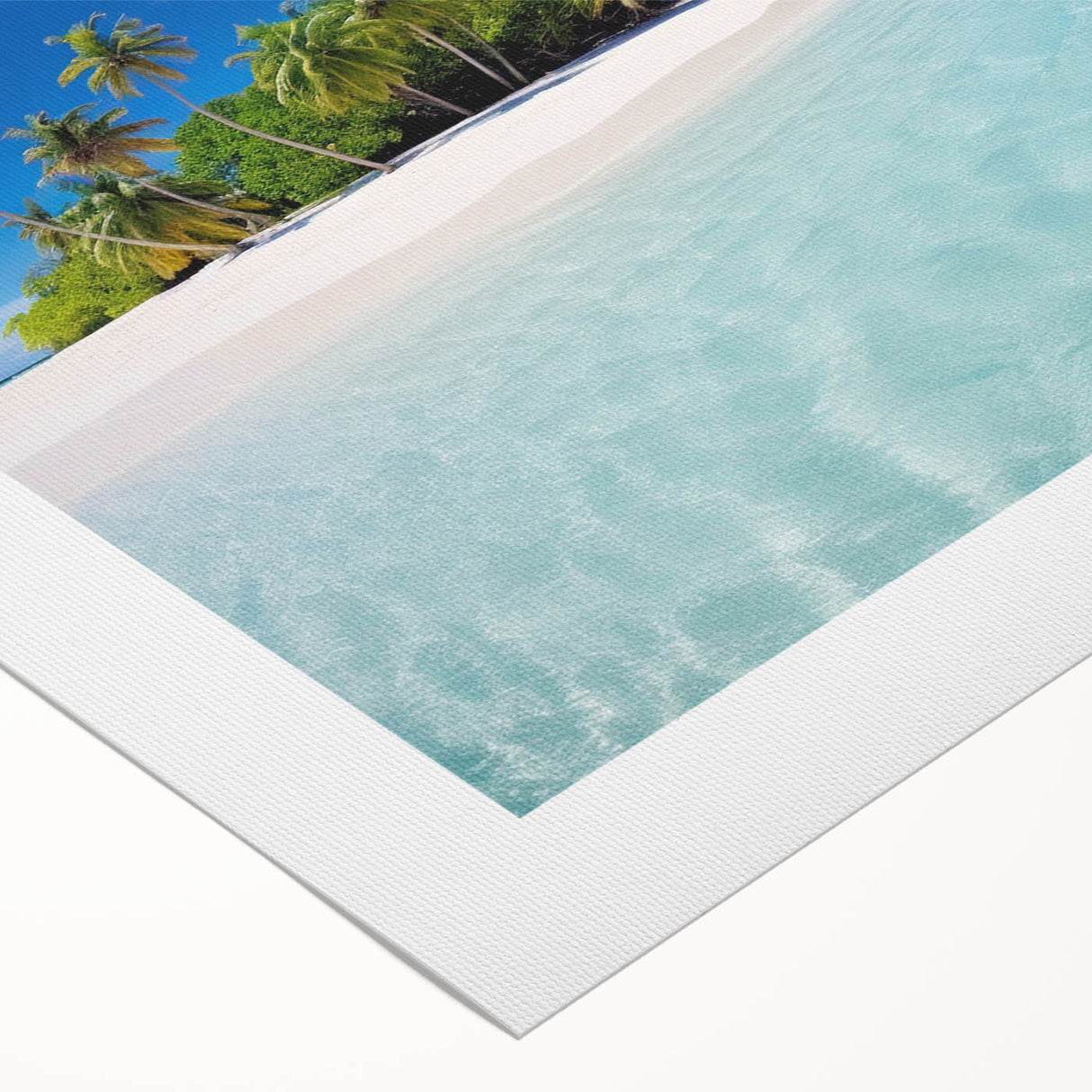 Art deco poster of Maldives scenery on rolled canvas, featuring serene blue and green tones, ideal for dining room wall art.