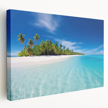 Large canvas print depicting a serene Maldives beach scene in soft blue and white tones, suitable for kitchen wall art.