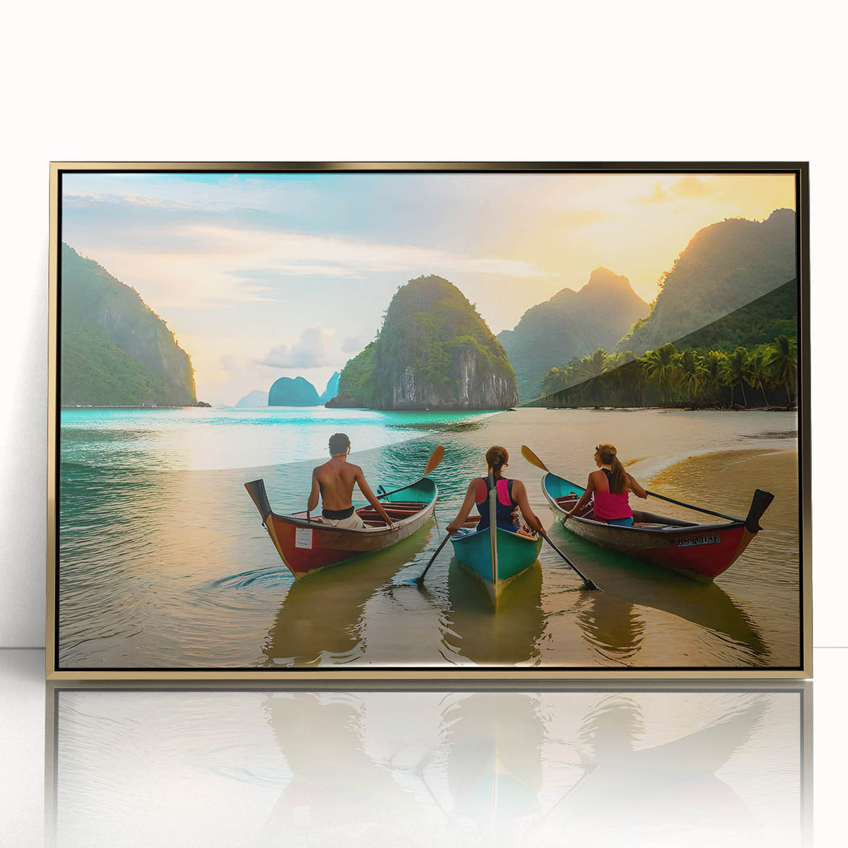 Mid-century modernist style large art print of a Philippine landscape, in gold frame, ideal for modern art wall decor.