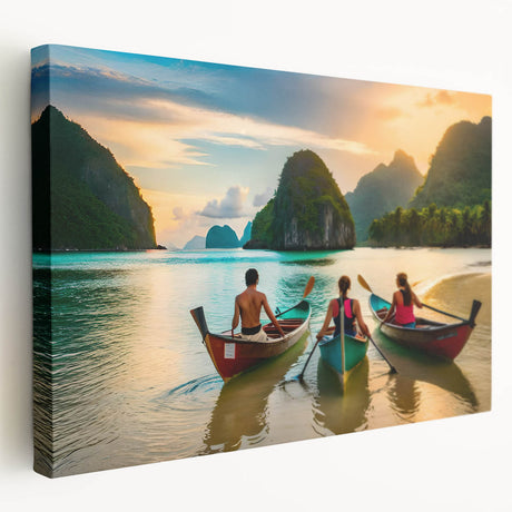 Large stretched canvas depicting a serene Philippine landscape in muted green and blue tones, ideal for kitchen wall art.