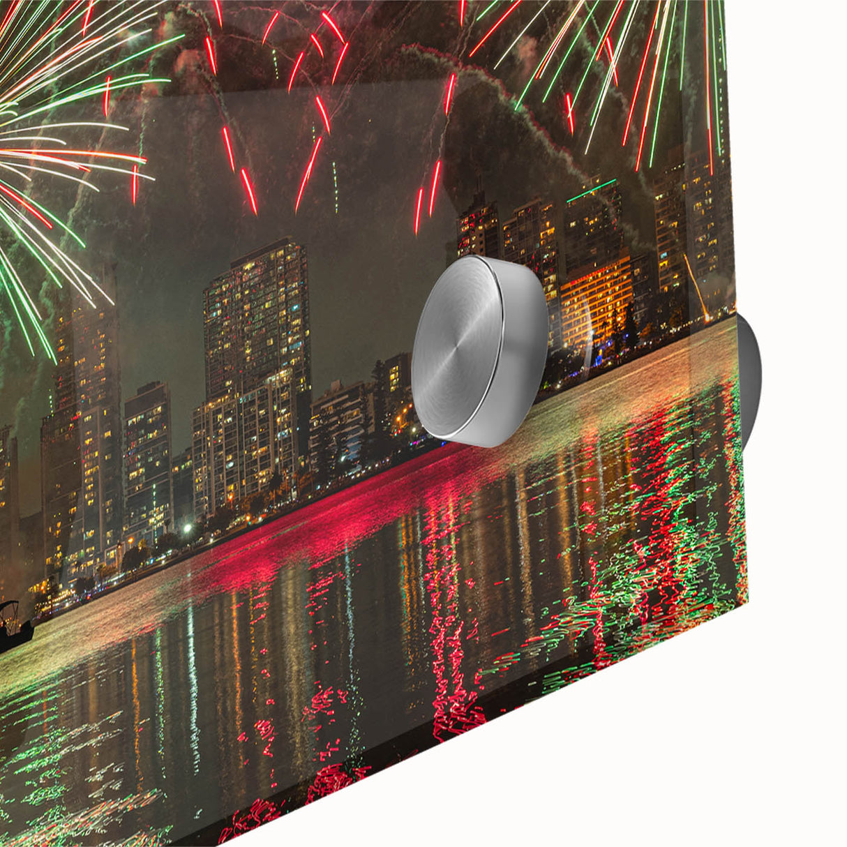 Large abstract wall art of Perth skyline, featuring muted blue and pink tones on acrylic glass, ideal for dining room art.