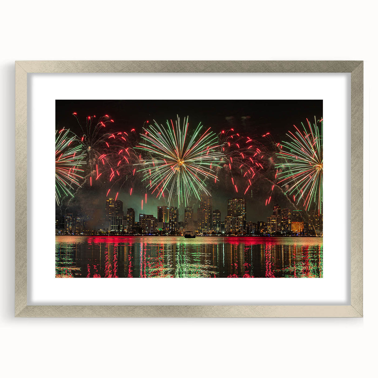 Abstract art print of Perth scenery in muted blue and green tones on a framed silver mat, ideal for dining room decor.