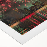 Art deco poster of Perth skyline in muted gold and blue tones on rolled canvas, suitable for dining room wall art.