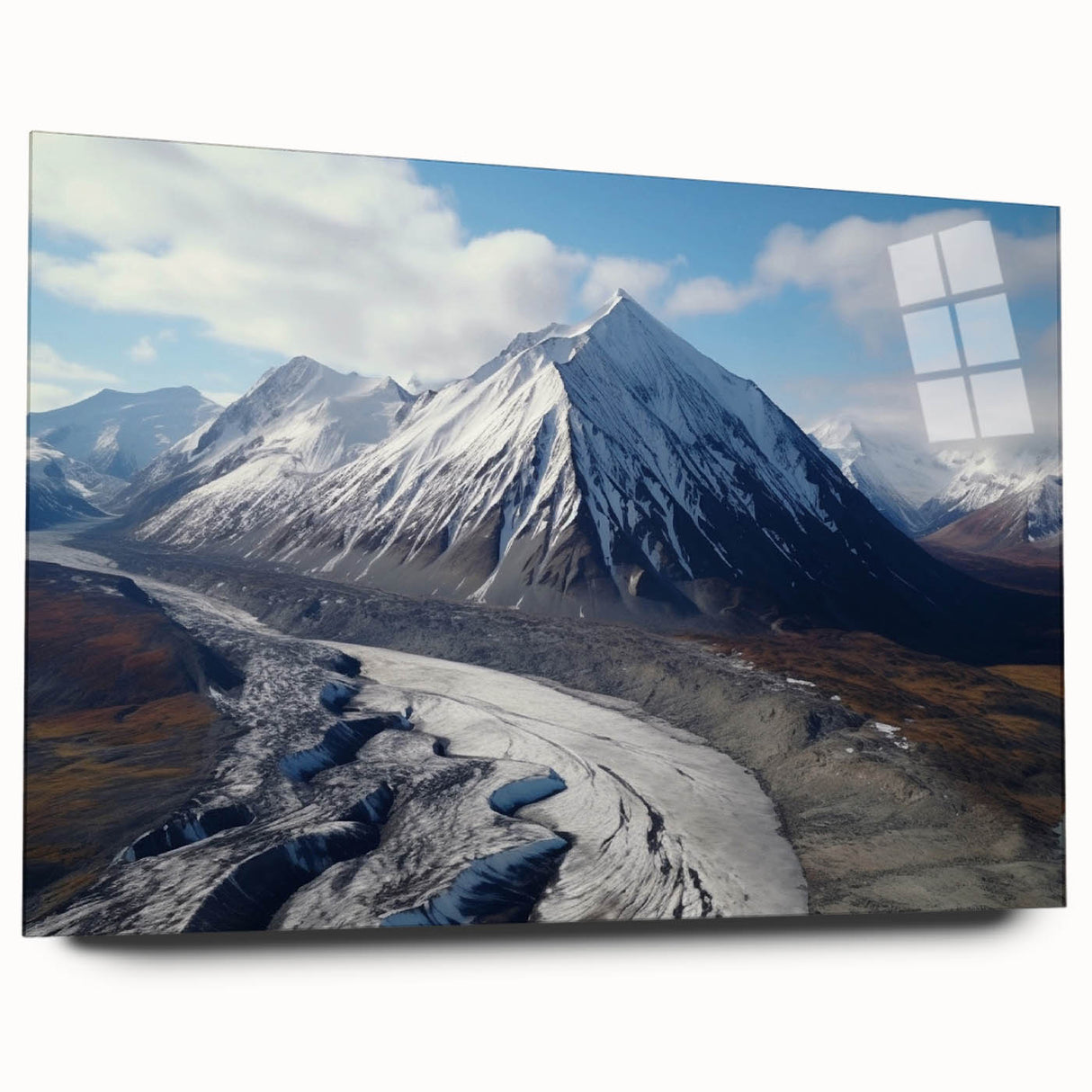 Large abstract depiction of Yukon scenery in muted earth tones on acrylic glass, suitable for bedroom or dining room art.