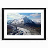 Extra large abstract art print of a vibrant, colorful Yukon scenery on a textured canvas, framed in black.