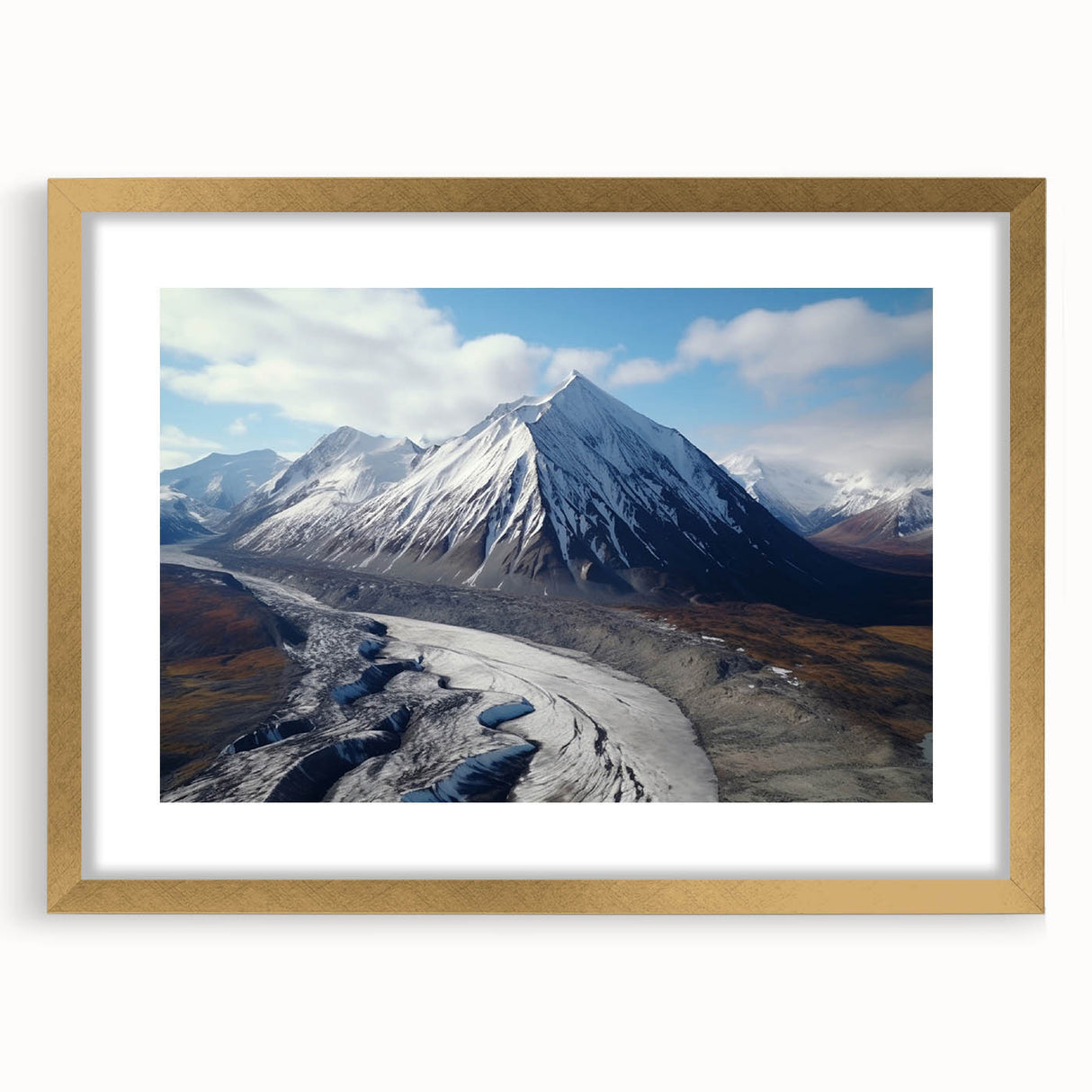 Extra large abstract art print of a textured Canadian Yukon landscape in muted earth tones, framed in gold.