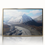 Mid-century modernist art depicting Yukon scenery on a framed acrylic, with muted earth tones.