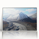 Art deco poster of Yukon scenery in pastel blues and greens, framed acrylic, ideal for modern nursery wall art.