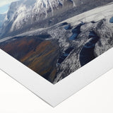 Art deco poster featuring a serene Yukon landscape in muted blue and green hues on rolled canvas.