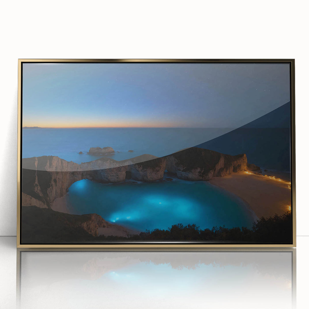 Acrylic print of a Caribbean scenery in art deco style with gold frame, suited for modern art wall decor or nursery.