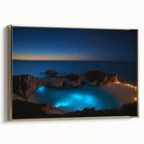 Vintage poster art of a Caribbean scenery in vibrant colors on a framed canvas, ideal for living room decor.