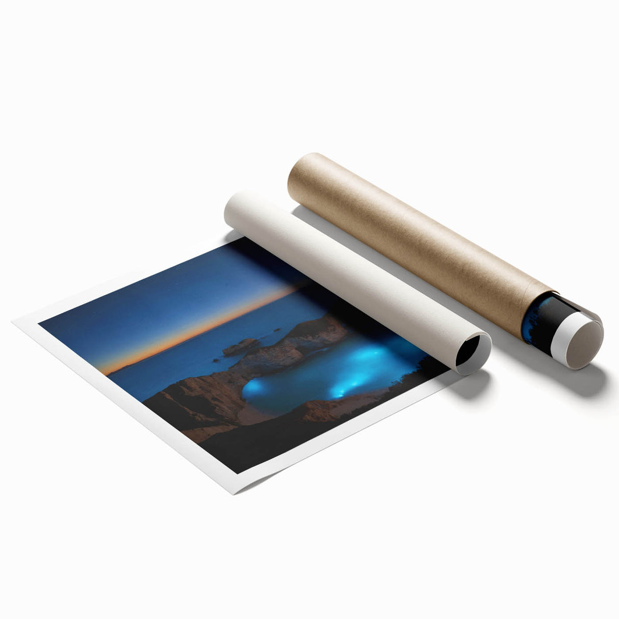Extra large rolled print of a Puerto Rican coastline with lush greenery and vibrant ocean blues.
