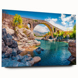 Large abstract wall art of a European scenery in muted earth tones on acrylic glass, ideal for bedroom or dining room decor.