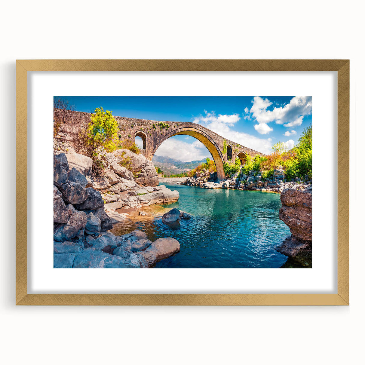 Abstract art print of a European landscape in muted earth tones, framed in gold, ideal for dining room decor.