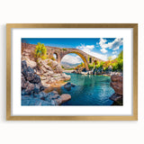 Abstract art print of a European landscape in muted earth tones, framed in gold, ideal for dining room decor.