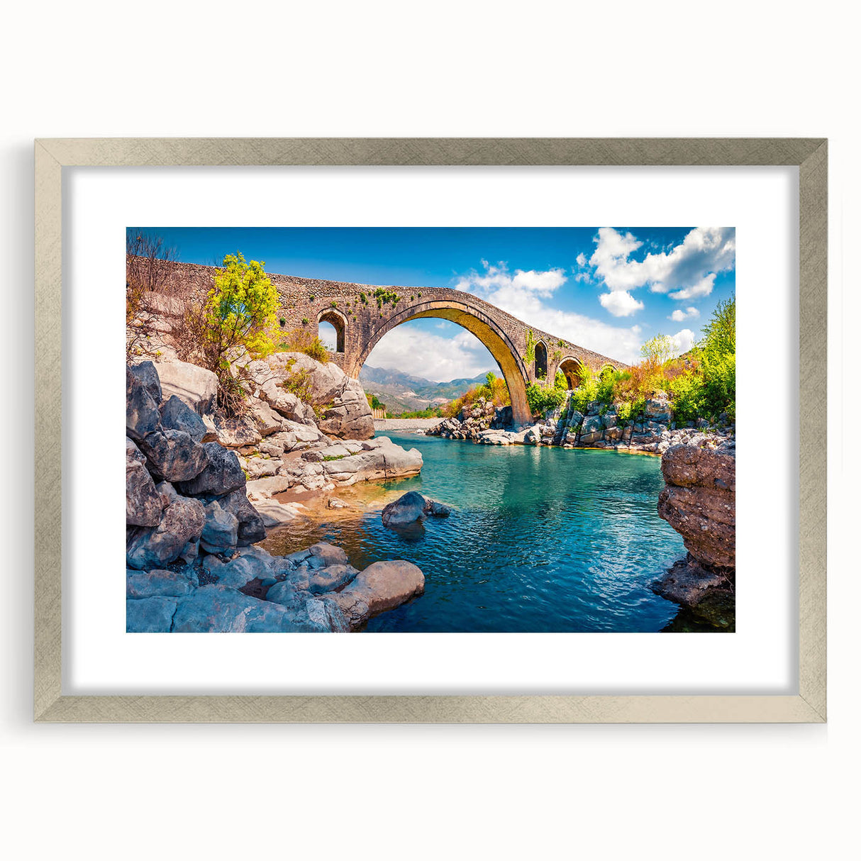 Extra large abstract art print of a textured European scenery in a silver frame, suitable for living room decor.