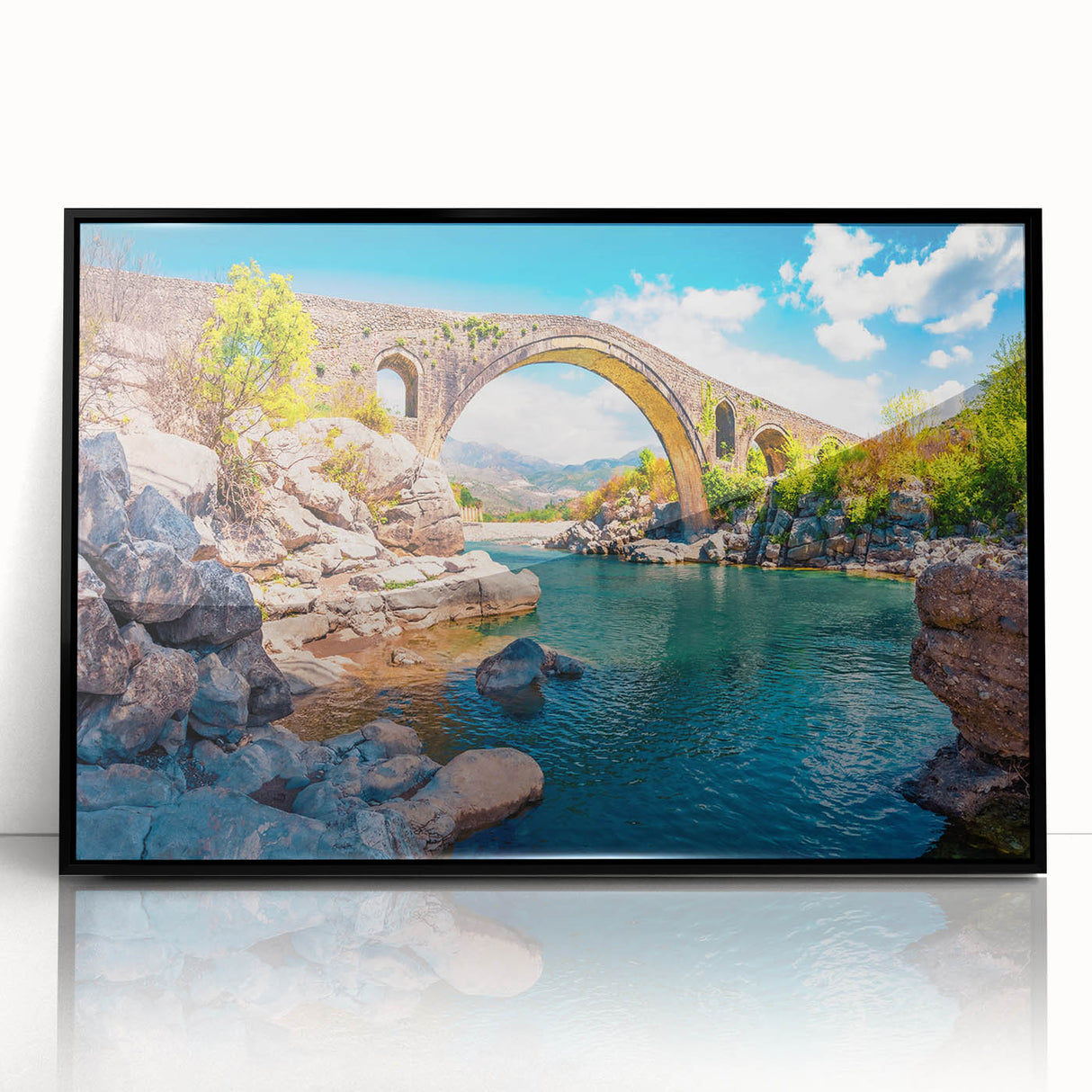 Large abstract wall art depicting a European Albanian scenery in black and white tones, framed acrylic.