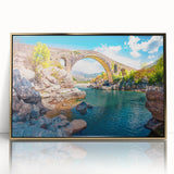 Framed acrylic print of a European Albanian landscape in art deco style, using muted gold tones.