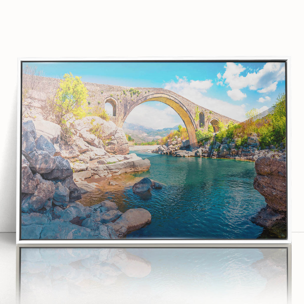 Mid-century modernist art depicting a vibrant European Albanian landscape on a framed acrylic, ideal for nursery wall art.