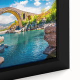 Extra large framed canvas featuring a textured, colorful abstract depiction of an Albanian landscape.