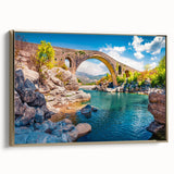 Framed canvas landscape painting of an Albanian scenery in muted earth tones, ideal for bedroom wall art.