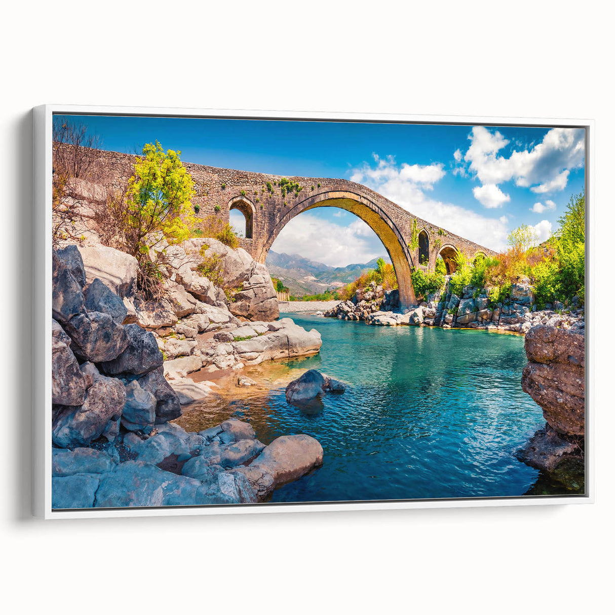 Vintage poster art of an Albanian landscape on framed canvas, featuring colorful art in extra large size.