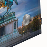 Large abstract acrylic print of a European scenery in muted earth tones, ideal for dining room art.