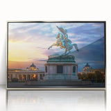 Large art print of a serene Austrian landscape in muted greens and blues on a silver-framed acrylic.