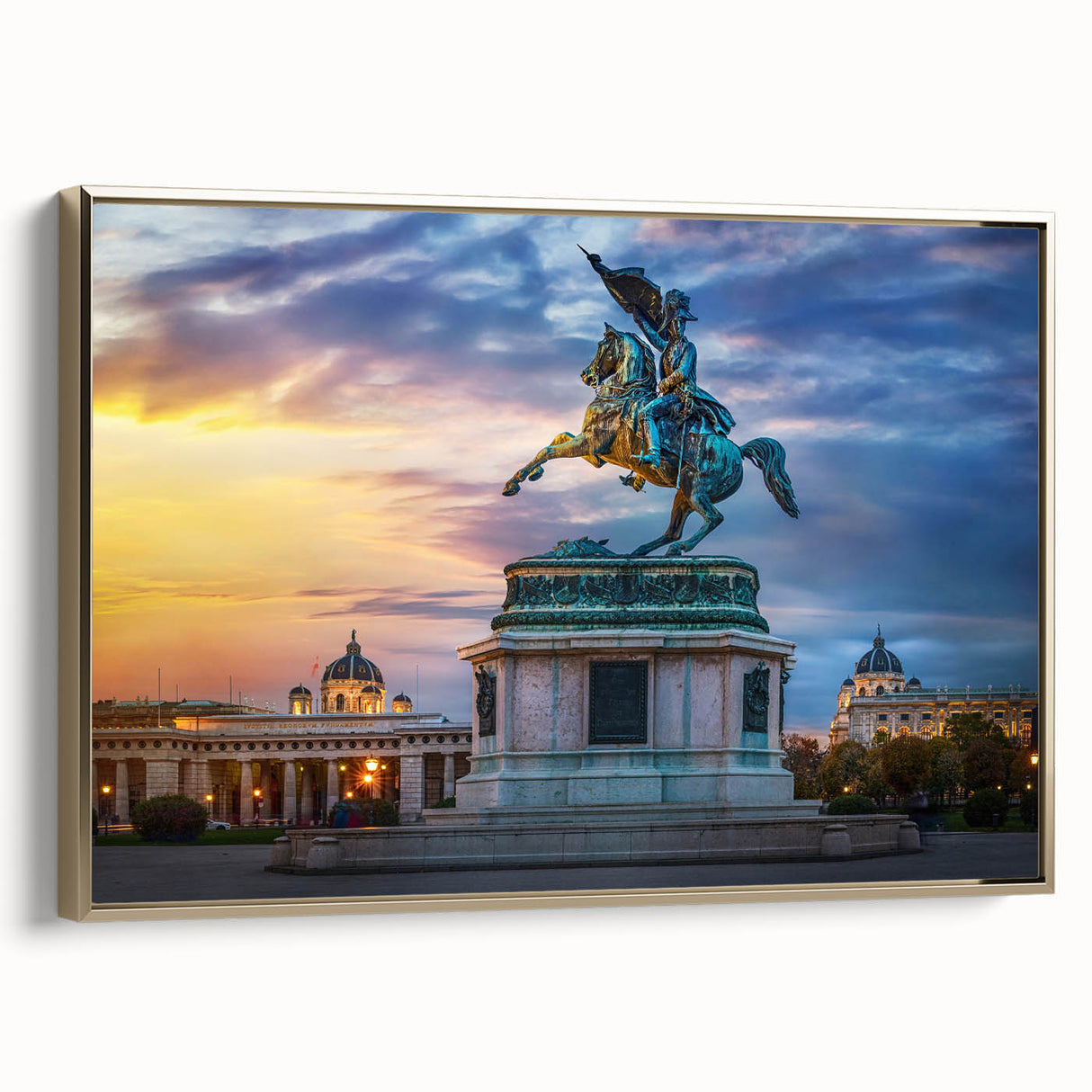 Vintage poster art of Austrian landscape on framed canvas, featuring muted gold and black tones.