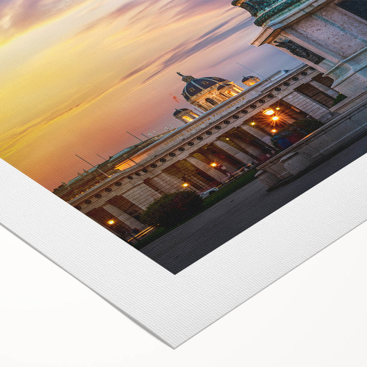 Art deco poster of a European Austrian landscape in muted brown and green tones, printed on rolled canvas.