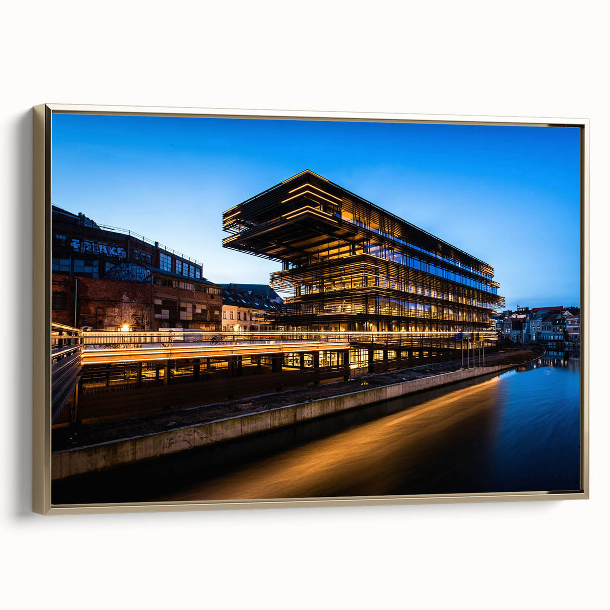 Framed canvas featuring a vintage-style landscape painting of a serene Belgian countryside, ideal for bedroom wall art.