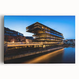 Black and white photograph of a European cityscape on stretched canvas, suitable as large kitchen wall art.