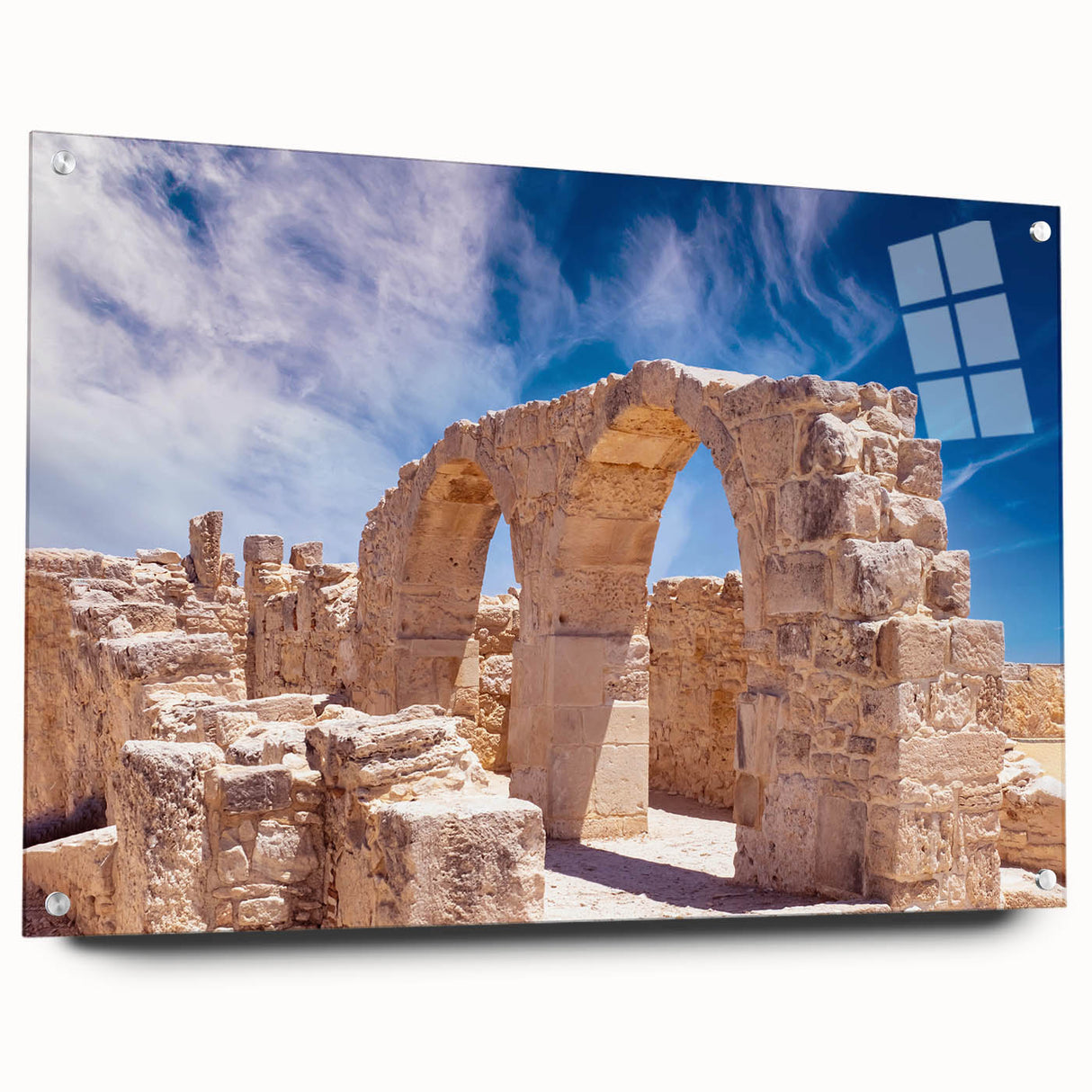 Large abstract wall art depicting a European Cyprus landscape in muted earth tones on acrylic glass.