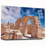 Large abstract wall art depicting a European Cyprus landscape in muted earth tones on acrylic glass.